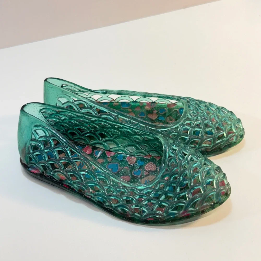 Green Glitter‎ Jelly Shoes Girls Size 11 Teal Woven Flats Y2K Vintage